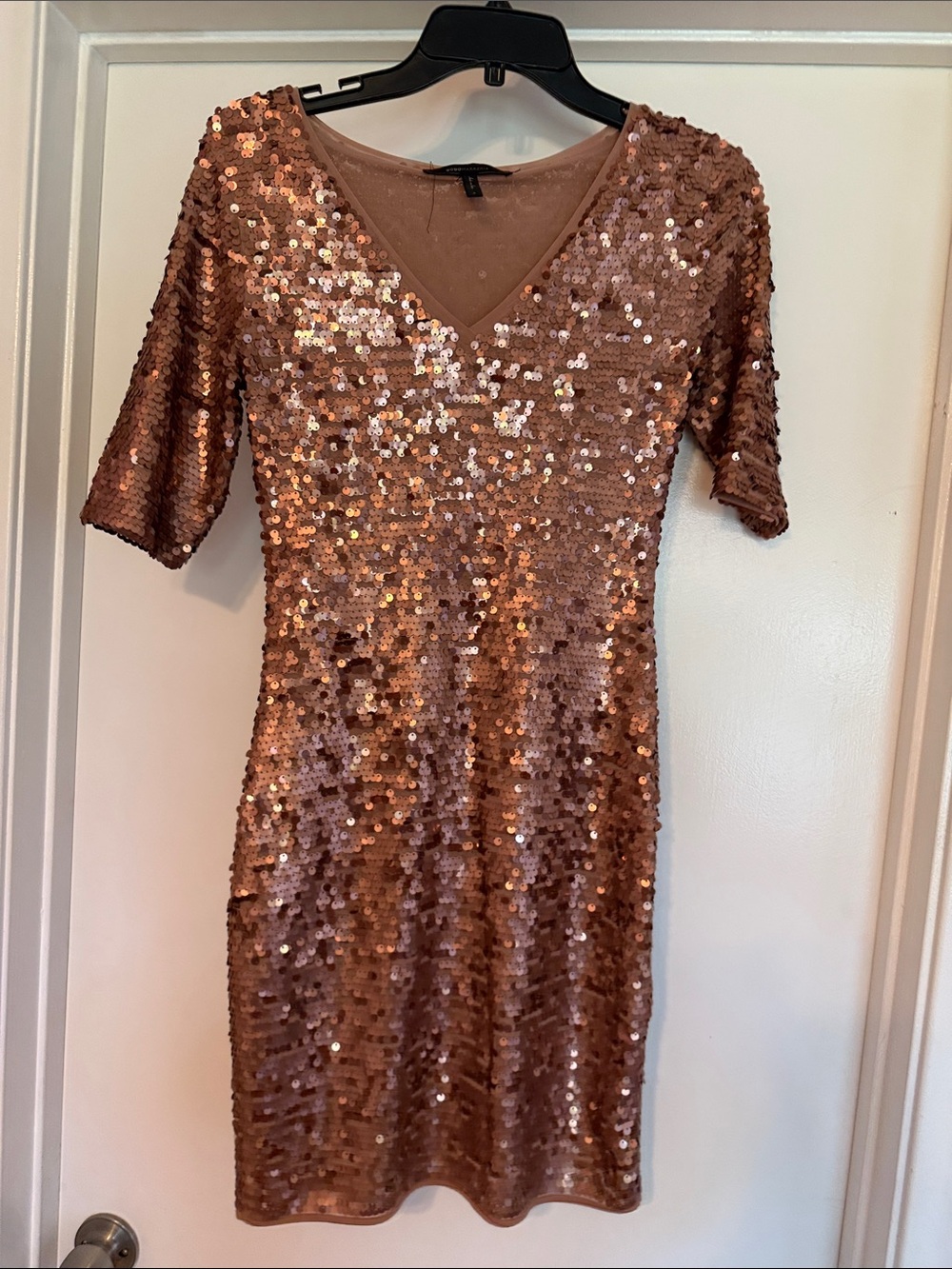 BCBGMaxAzria Rose Gold Sequin V-Neck Midi Dress